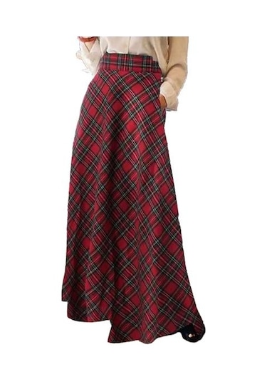 Kadın Yüksek Bel Uzun Etek A Kesim Ekose Desen Büyük Boy Kadın Etek Yer Uzunluğu Büyük Etek Etek Kırmızı
