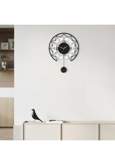 Cajuart Siyah Beyaz Stil Tasarım 40 Cm Ahşap Sarkaçlı Duvar Saati