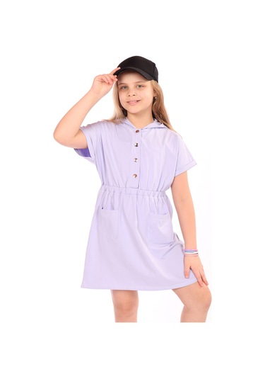 Toontoy Kız Çocuk Beli Lastikli Önü Çıtçıtlı Kapüşonlu Elbise Mavi