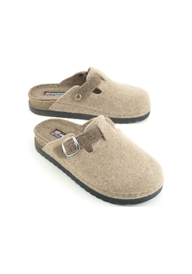 Gezer Kadın Kışlık Rahat Taban Tek Toka Ayarlanabilir Keçe Ev Bahçe Terlik Bej