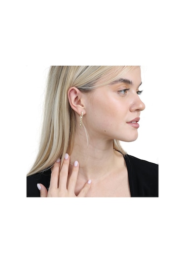 Tesbihane  Zincir Tasarım Yarım Tur Gold Renk 925 Ayar Gümüş Kadın Küpe