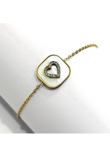 Zirkon Taşlı, Kalpli Beyaz Sedefli, Paslanmaz Çelik Halhal 5, Altın Renk Altın