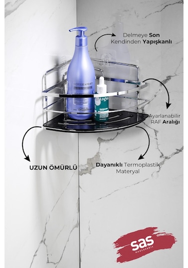 2’li Kancalı Yapışkanlı Banyo Duş Köşe Rafı – Ayarlanabilir Kristal Raf (Yapıştır/Vidala) Krom-Siyah - LK-01 - KS