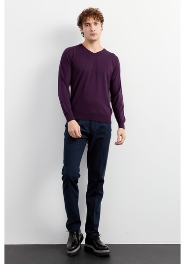 Erkek Basic V Yaka İnce Triko Kazak Mor Mor