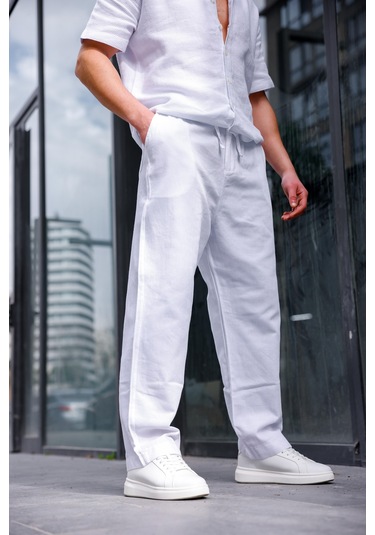 Keten Baggy Beyaz Renk Erkek Pantolon-1764 Beyaz