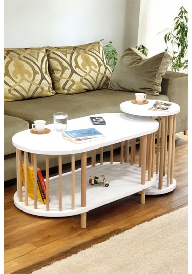 İkili Set Orta Sehpa Ahşap Ayaklı Sehpa İki Raflı Sehpa Dekoratif Sehpa Gazetelikli Beyaz - Beyaz