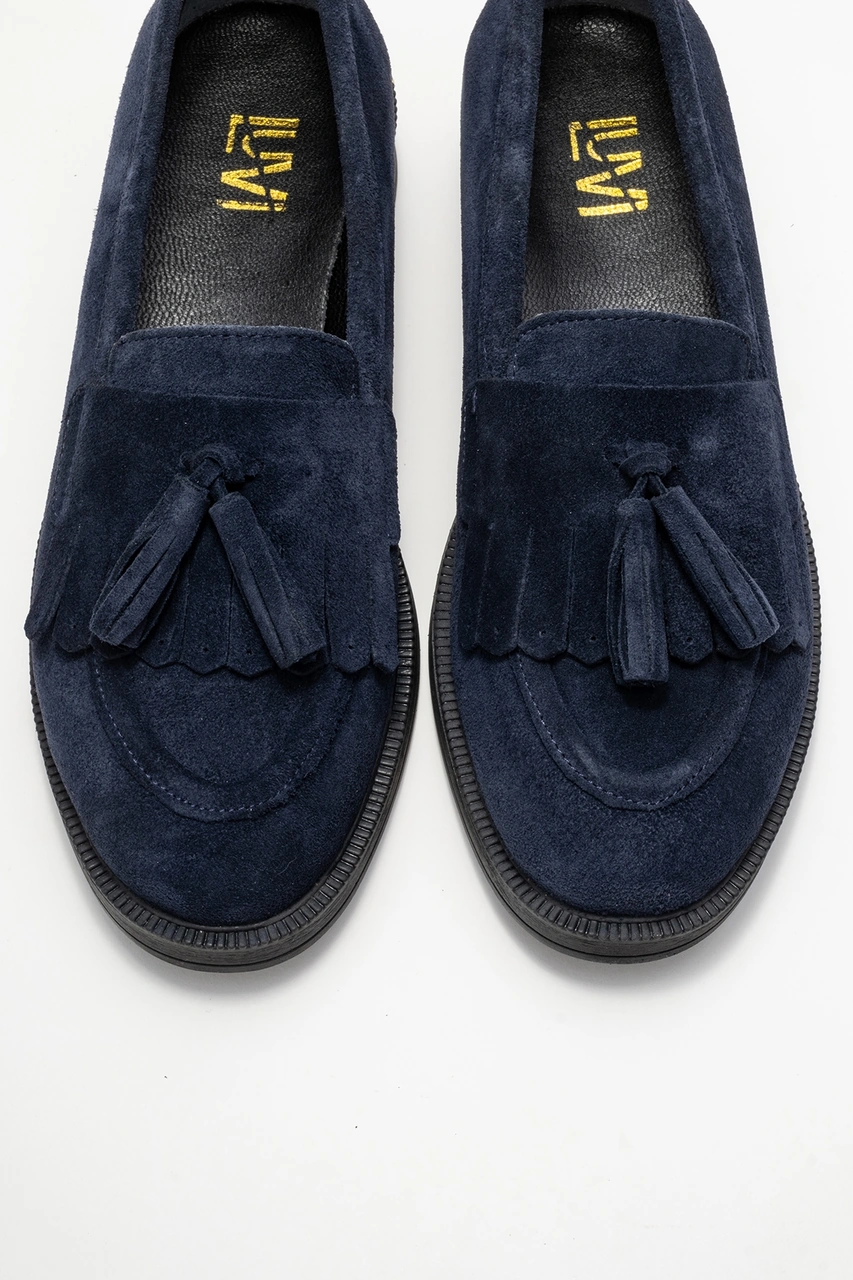 Milina Lacivert Süet Püsküllü Hakiki Deri Kadın Loafer Ayakkabı Lacivert