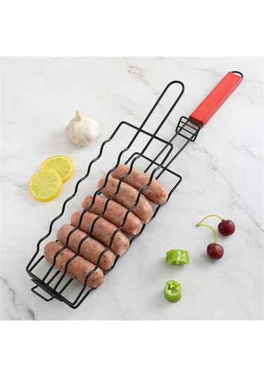 Maiyame Stoksel Çelik Sosis Izgara Aleti, Ayırırlı Kaba Tabanlı, 48.5x9cm, Ahşap Kollü, Piknik Ve Kamp İçin Uygun, Sosis, Hot Dog, Kupat Pişirme Aracı Siyah