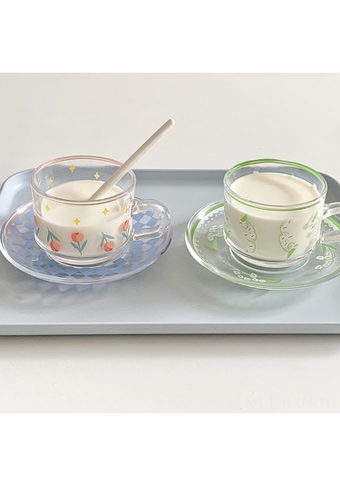 Kosona Yeşil Zambak Desenli 301-400ml Cam Bardak: Fransız Stili下午茶, Kafe Ve Çay İçin, Kaliteli Materyal, Moda Tasarım