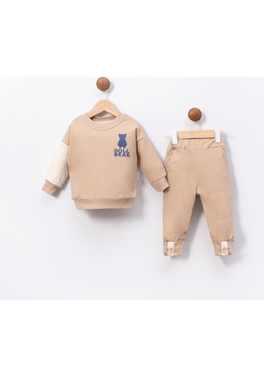Ayıcık Baskılı Bisiklet Yaka Düğme Detaylı 2'li Bebek Takım Bej