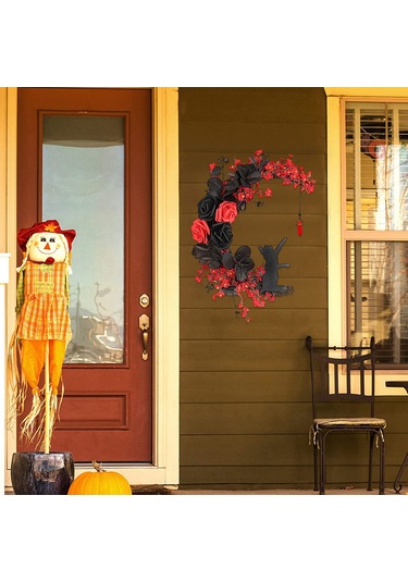 Neevoyu Karanlık Kedi Ve Çiçekli Ay Şeklinde Halloween Sokağı, Pencere Dekorasyonu - Ev Dekoru Adeti