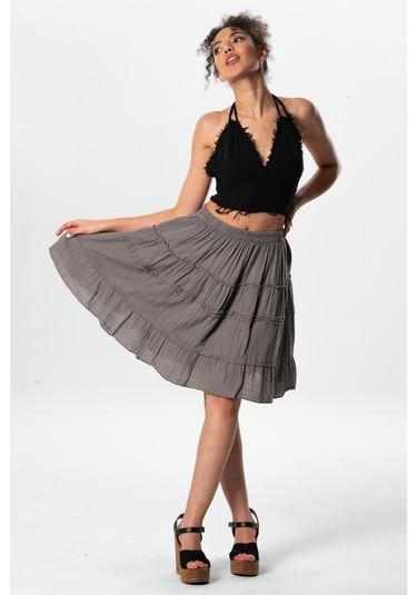 Benan Beli Lastikli Kısa Yazlık Müslin Etek Gri Gri-gri Gri
