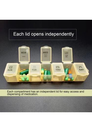 Sarı Taşınabilir Hap Kutusu Gün Baskı 7 Bağımsız Izgaralar Toz Geçirmez Neme Dayanıklı Şeffaf Kapak Açık Seyahat İş Gezisi Hap Organizatör İlaç Sarı