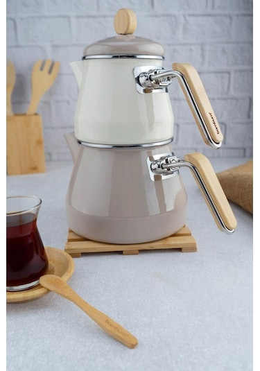 Lumino Bambu Kulplu Çaydanlık Takımı Bej