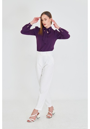 Büzgü Kol Fularlı Gömlek Mor Mor