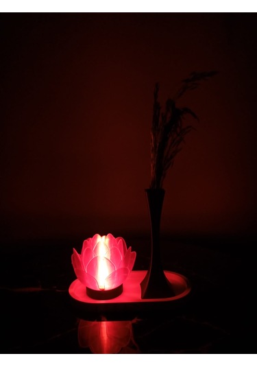 Beyaz Stantlı Şeffaf Kırmızı Lotus Çiçeği ,mumluk, Siyah Vazo