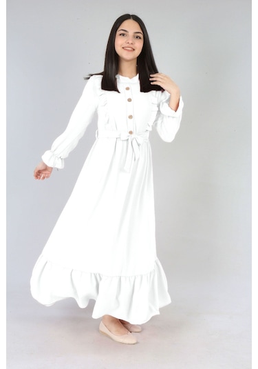 Kiz Cocuk Elbise Aerobin Keten Kumaş Tesettüre Uygun Uzun Boydan Cocuk Elbise Kırık Beyaz