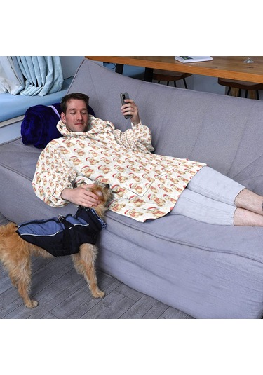 Noel Temalı Unisex Giyilebilir Battaniye Hoodie, Kalın Peluş, Kollar Ve Büyük Cep-a155 Bej