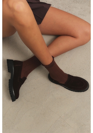 Muggo Paradise Hakiki Deri Kalın Taban Günlük Casual Makosen Kadın Loafer Ayakkabı Kahve Süet Muggo Paradise Hakiki Deri Kalın Taban Günlük Casual Makosen Kadın Loafer Ayakkabı Kahve Süet