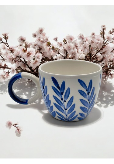 Seramik Kupa Bardak Mavi Yapraklı Tasarım