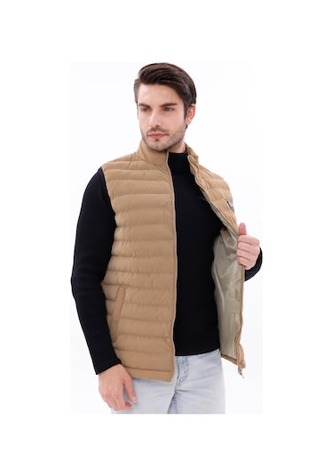 Erkek Nova Kumaş Şişme Yelek Hafif Dolgulu Fermuarlı Cepli Su İtici Rahat Kalıp Bej