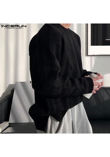 Incerun Erkek Sonbahar Kalın Yünlü Örme Kazaklar Düz Renk Yüksek Alçak Kazaklar Mor