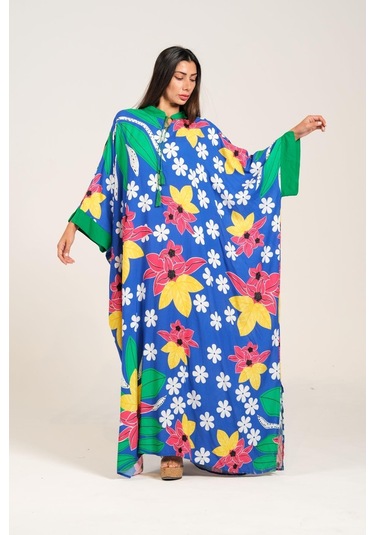 Kadın Mavi Çiçekli Sıfır Yaka Yarasa Kollu Oversize Uzun Elbise - Mavi