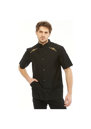 Uniprom Kısa Kollu Aşçı Ceketi Önlük Omuz Nakışlı Cepli Şef, Garson Siyah