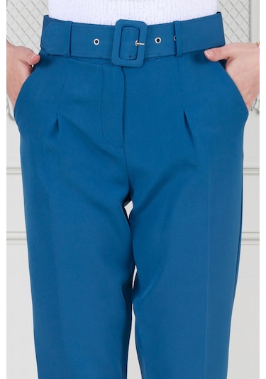 Sevitli Beli Kemerli Pileli Kalem Pantolon-mavi-3681-mavi Mavi