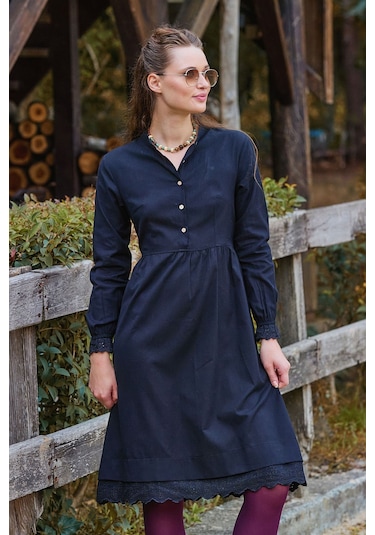 Hakim Yaka Beli Lastikli Dantelli Kışlık Elbise Siyah