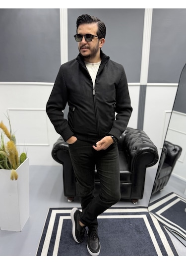 Avni Ceylan Erkek Nubuk Triko Kol Detaylı Slim Fit Mont Siyah