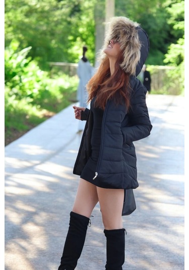 Eldiven Detaylı Siyah Kapüşonlu Orta Boy Kürklü Şişme Mont Co121syh1 Siyah