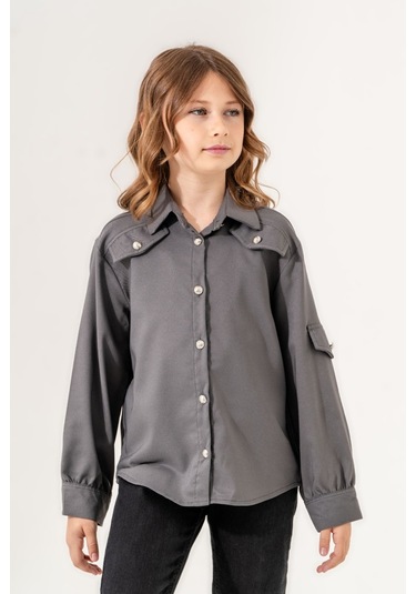 Kız Çocuk Cep Süslü Gömlek 3140 Antrasit