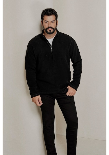 AC&Co / Altınyıldız Classics 4A5221100016SYHM Anti-Pilling Tüylenme Yapmayan Bato Yaka Erkek Polar Sweatshirt Siyah