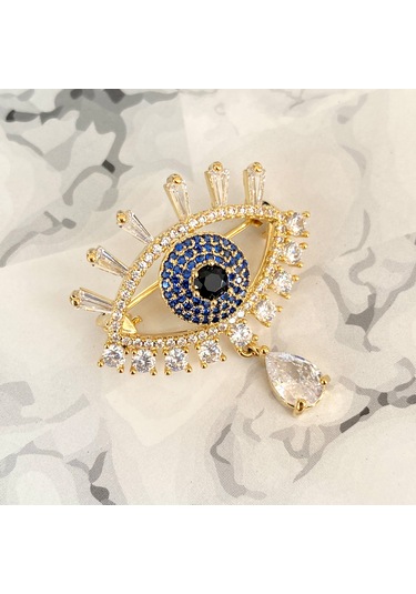 Broş Kadın Zirkon Taşlı Nazar Göz Broş Gözyaşı Yaka İğnesi Gold