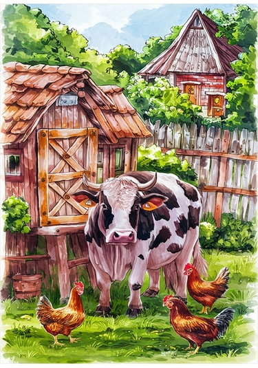 Tavuklar Ve İnek Mdf Tablo 35cm X50cm