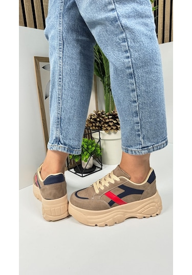 Günlük Kadın Sneaker Kalın Yüksek Taban Bağcıklı Rahat Tiger Şeritli Spor Ayakkabı 032 06-vizon Laci Kırmızı