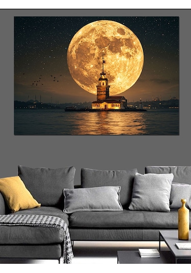 Dolunayda Kız Kulesi Manzarası Dekoratif Kanvas - Mdf Ahşap Tablo