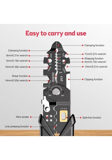 25'i 1 Arada Elektrikçi Çok Amaçlı Kablo Sıyırma Aleti Siyah