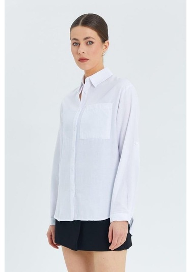 9942 Kadın Oxford Uzun Kol Basic Gömlek Beyaz Beyaz