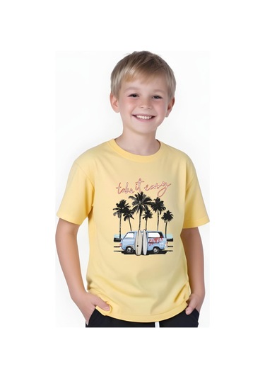 Summer Van Baskılı Erkek Çocuk Yuvarlak Yaka Kısa Kollu T-shirt Sarı