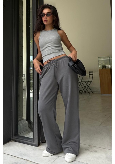 Füme Geniş Paça Basic Kadın Eşofman Altı Mg2553 Füme