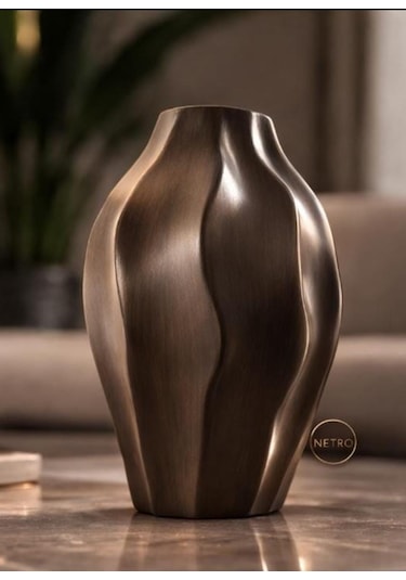 Dalgalı Model El Yapımı Özel Seri Seramik Vazo 25cm Koyu Kahverengi