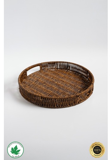 Yuvarlak Hasır Tepsi, Kulplu Sunum Tepsisi, Servis Tepsisi, Kahve Tepsisi, Keyif Tepsisi, Modern Hasır Tepsi - 30 Cm Kahverengi