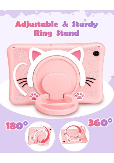 Fastbuy Samsung Galaxy Tab A9 Plus Uyumlu Pembe Silikon Yumuşak Kapak Döner Ayaklı Askılı Tellili Kılıf