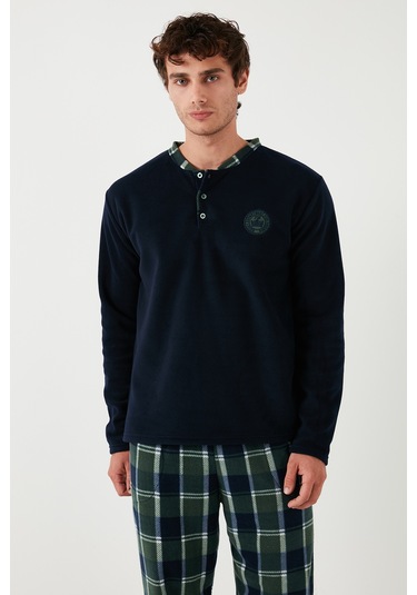 Buratti Ekose Regular Fit Bisiklet Yaka Kışlık Polar Erkek Pijama Takımı 609610013W4 Lacivert