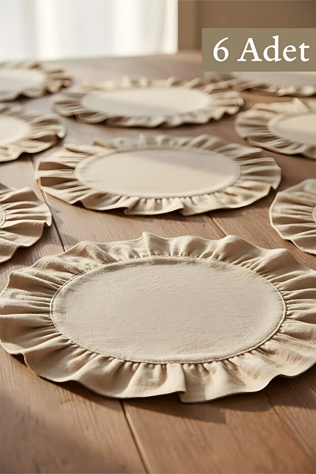 Yunusoğlu Home Pamuklu Fırfırlı Supla 6'lı Set Amerikan Servis 33 Cm Çap Supla 6'lı Bej