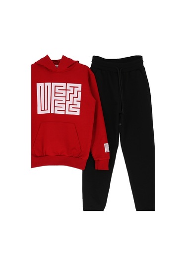 Kız Çocuk 2 İplik Küfe Yazı Görselli Kapüşonlu Alt-üst Takım 12374 Nar Çiçeği