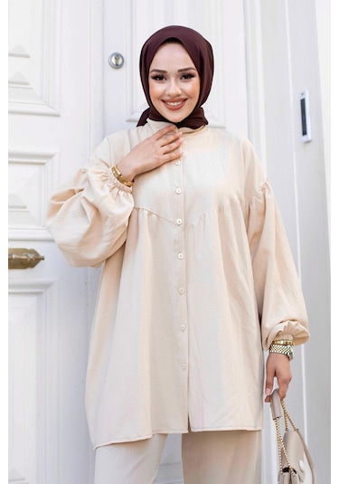 Balon Kol Tesettür Bej Takım Bej