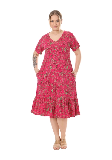 Melsay Butik Göğüsten Robalı V Yaka Kısa Kollu Pembe Çiçek Desenli Cepli Elbise Pembe